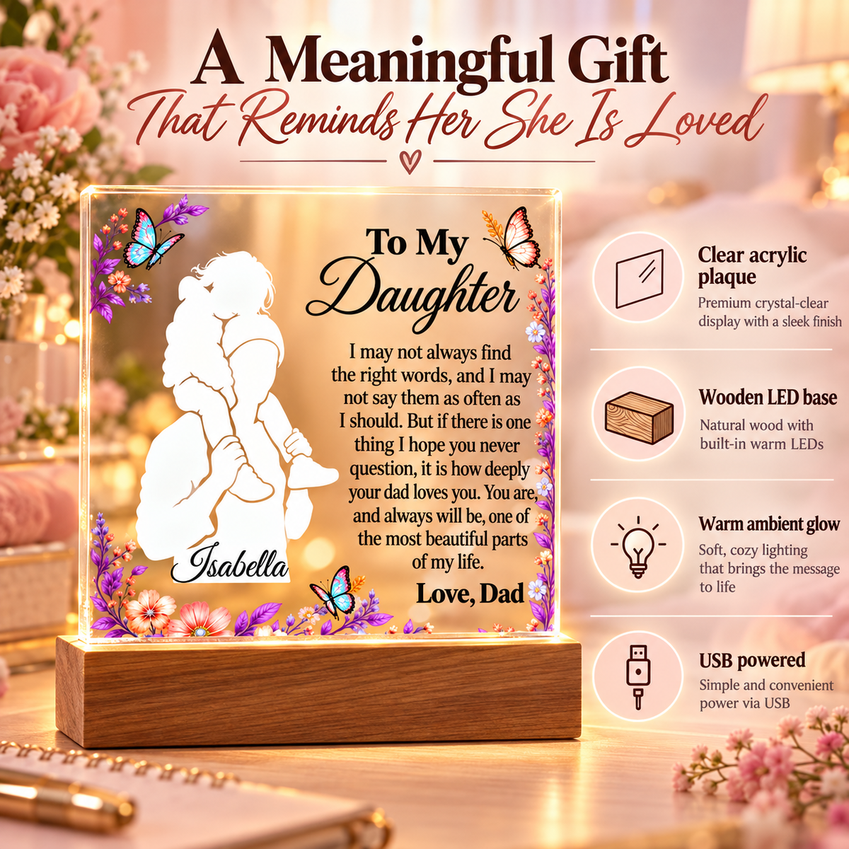 To My Daughter Personalized Name Plaque with LED Base – Meaningful Gift from Dad