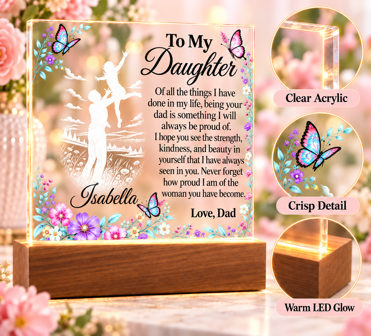 Personalized Name Gift for Daughter from Dad – Acrylic Plaque with LED Base