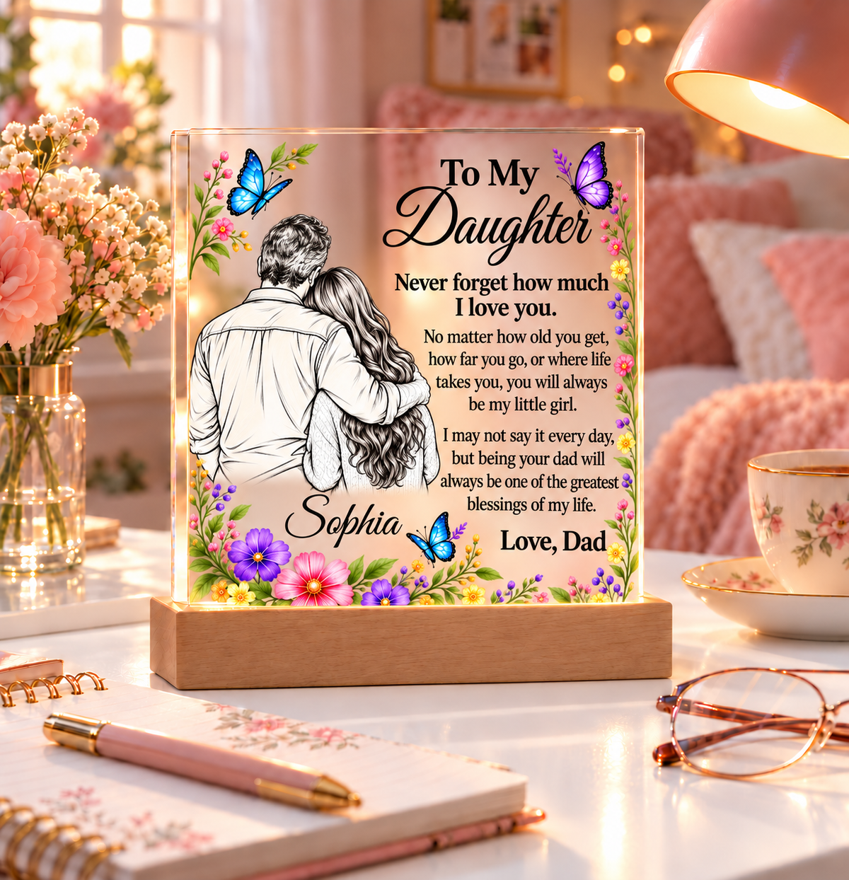 Personalized Daughter Name Acrylic Plaque with LED Base - Gift from Dad