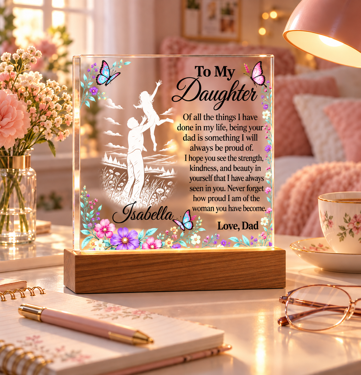 Personalized Name Gift for Daughter from Dad – Acrylic Plaque with LED Base