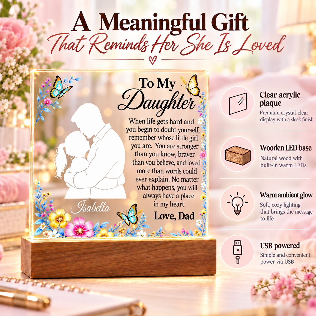 To My Daughter Acrylic Plaque with LED Base – Personalized with Daughter’s Name
