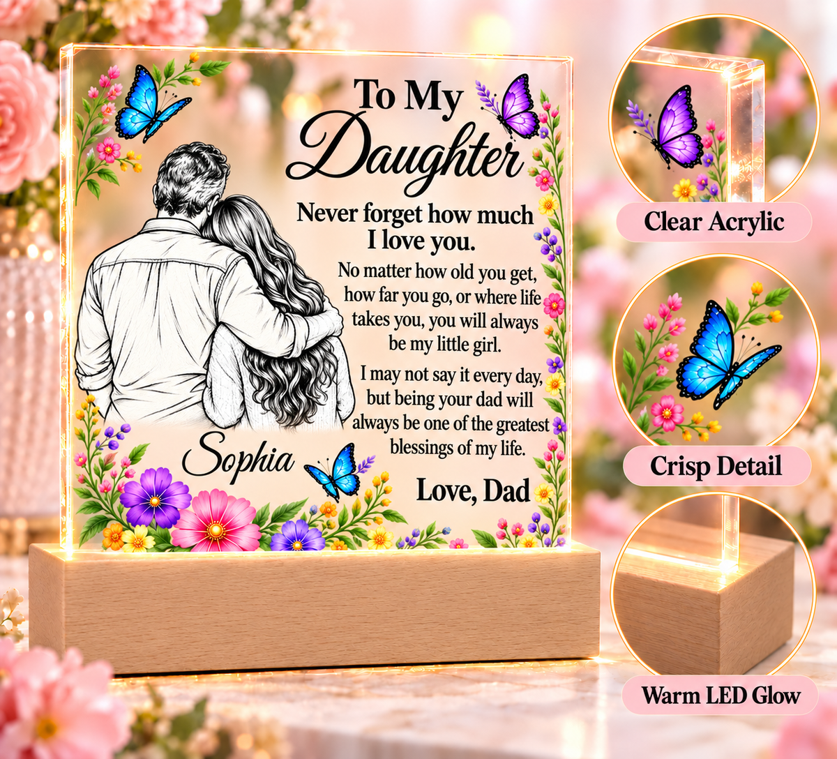 Personalized Daughter Name Acrylic Plaque with LED Base - Gift from Dad