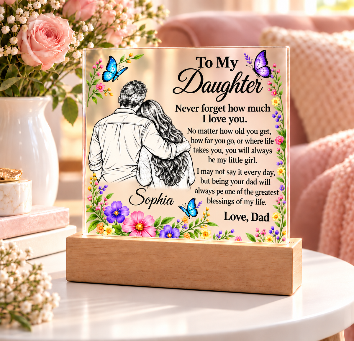 Personalized Daughter Name Acrylic Plaque with LED Base - Gift from Dad