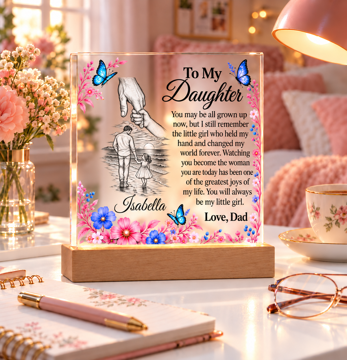 Father & Daughter Acrylic Plaque with LED Base - Daughter Name Personalized