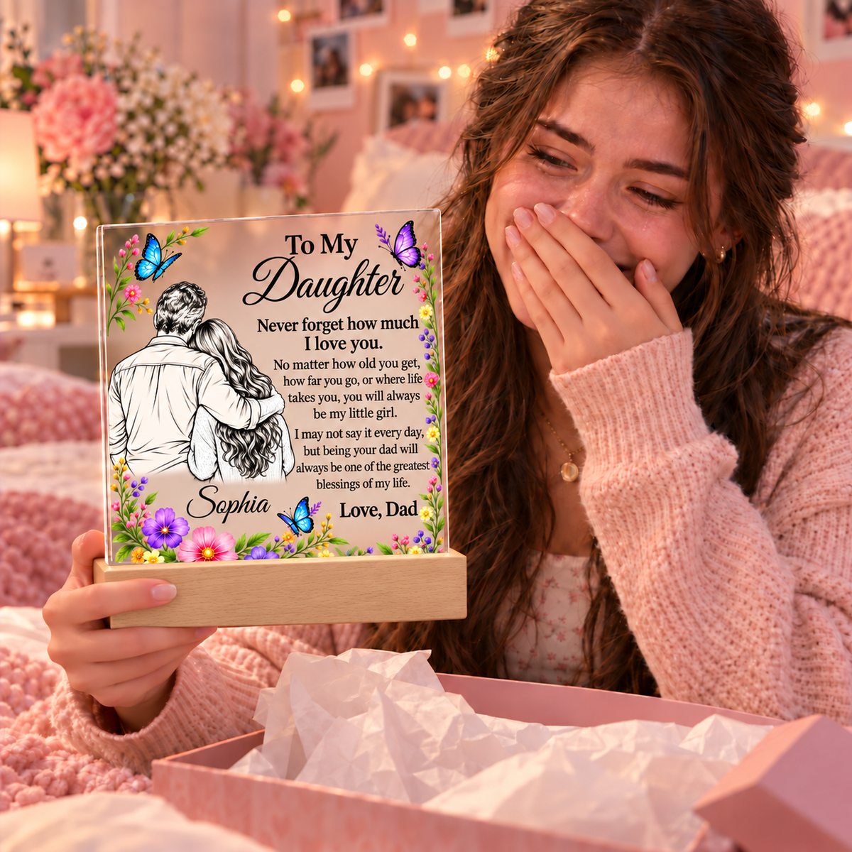 Personalized Daughter Name Acrylic Plaque with LED Base - Gift from Dad