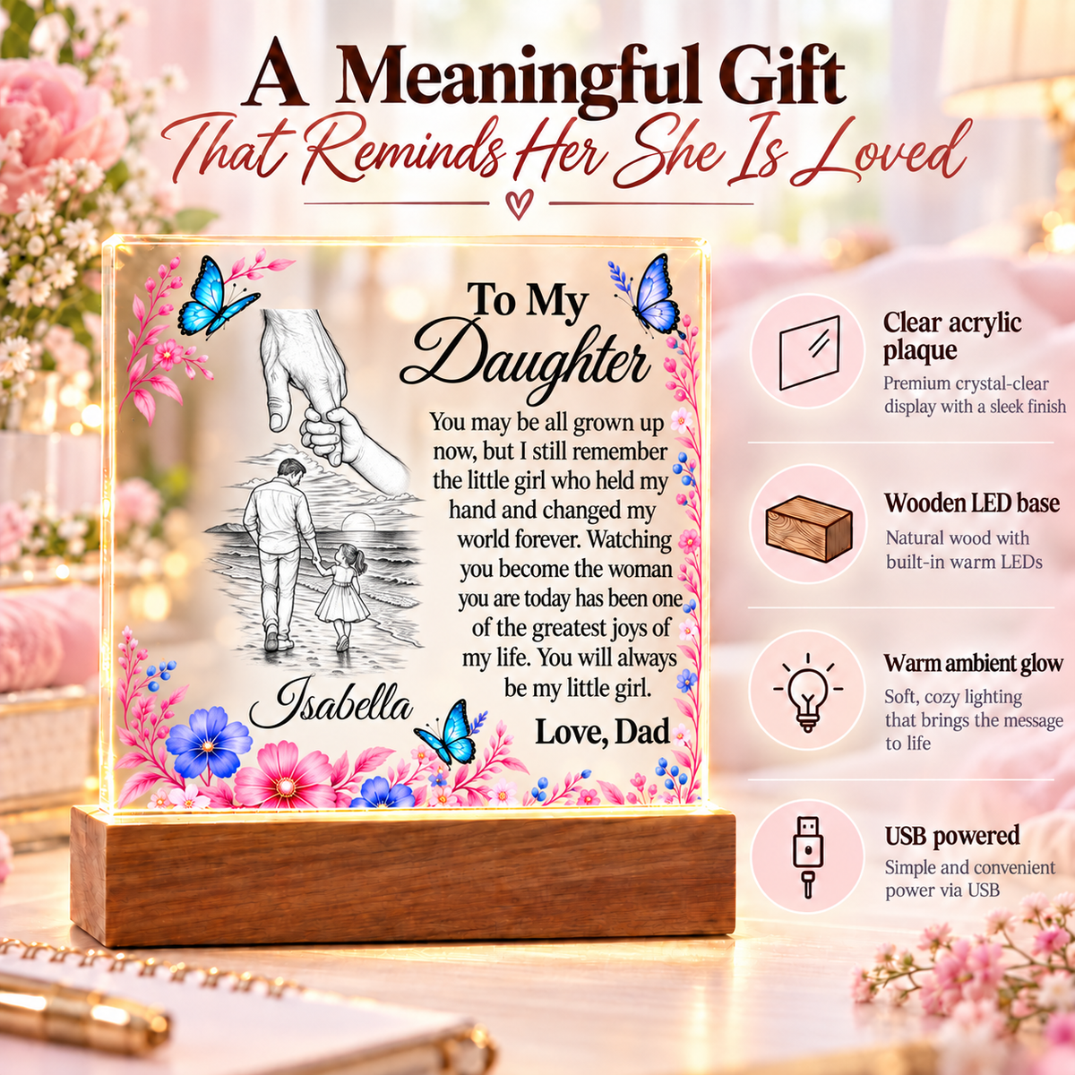 Father & Daughter Acrylic Plaque with LED Base - Daughter Name Personalized