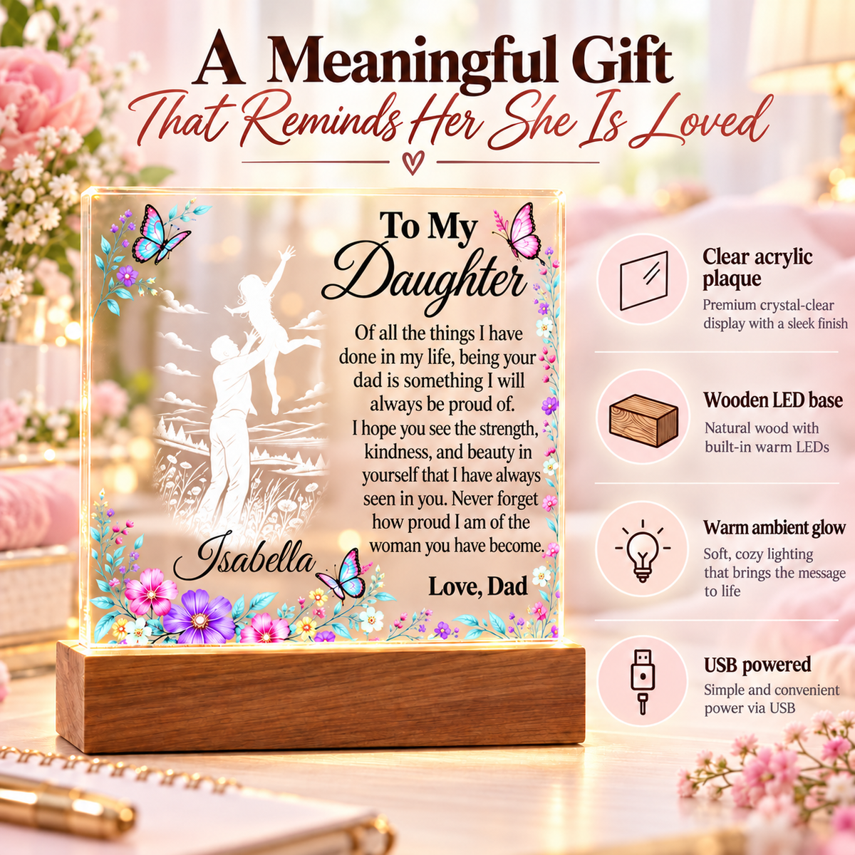 Personalized Name Gift for Daughter from Dad – Acrylic Plaque with LED Base