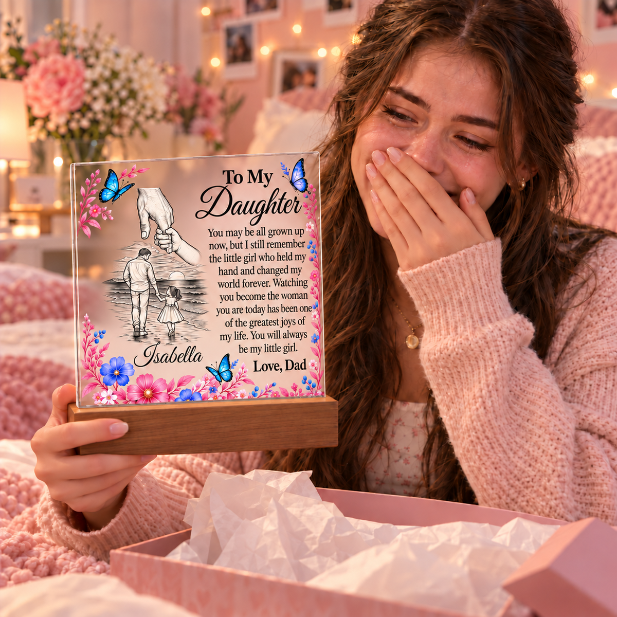 Father & Daughter Acrylic Plaque with LED Base - Daughter Name Personalized