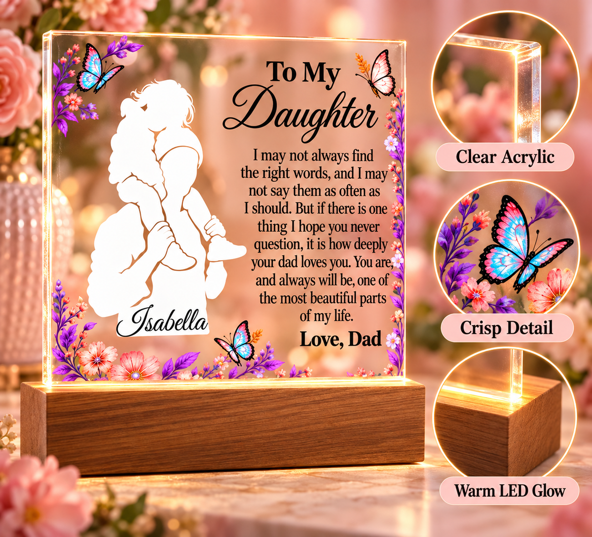 To My Daughter Personalized Name Plaque with LED Base – Meaningful Gift from Dad
