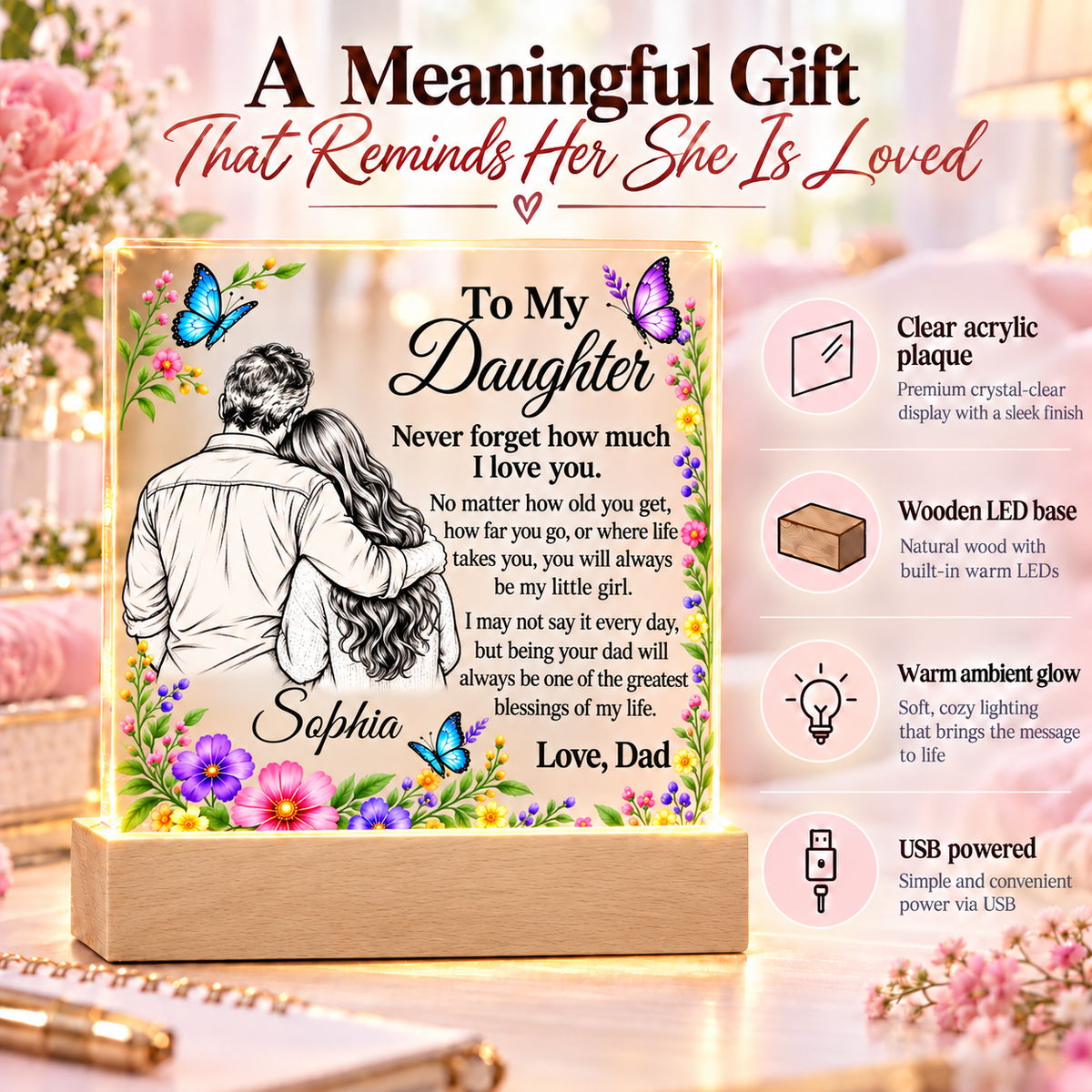 Personalized Daughter Name Acrylic Plaque with LED Base - Gift from Dad