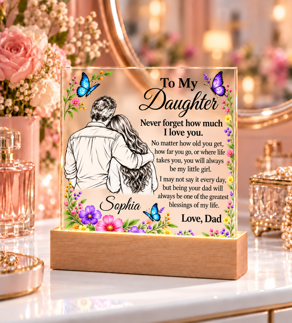 Personalized Daughter Name Acrylic Plaque with LED Base - Gift from Dad