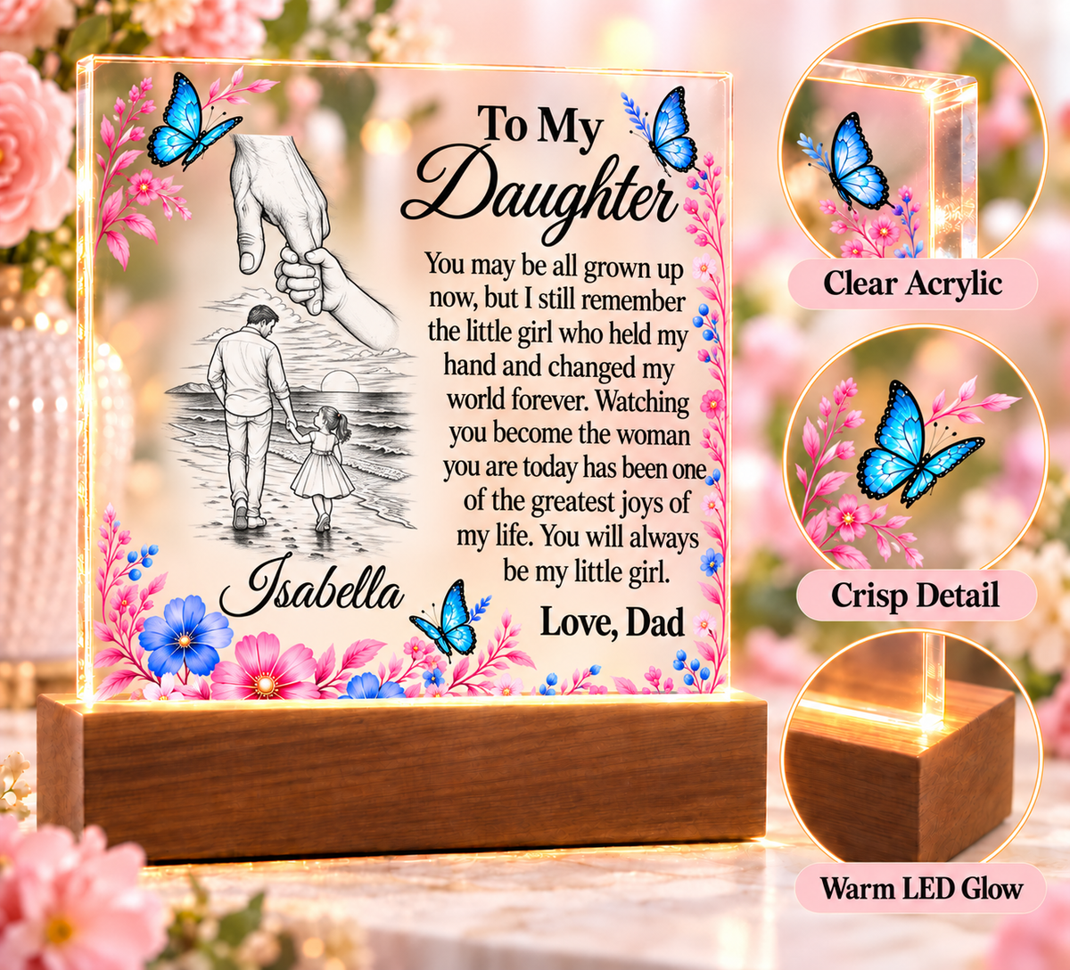 Father & Daughter Acrylic Plaque with LED Base - Daughter Name Personalized