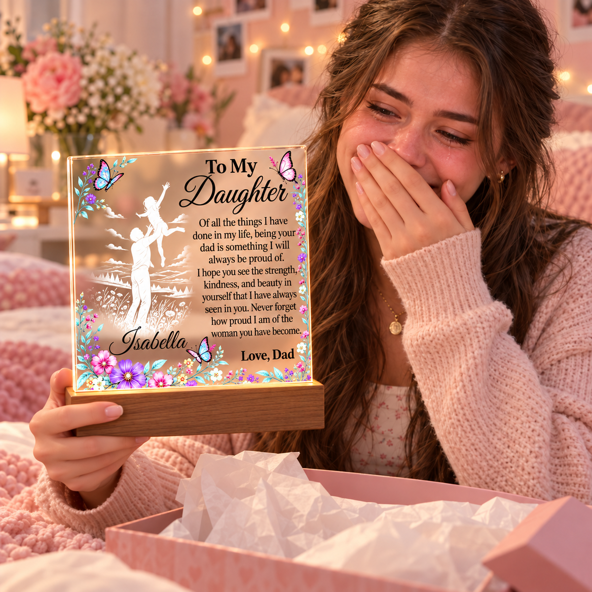 Personalized Name Gift for Daughter from Dad – Acrylic Plaque with LED Base